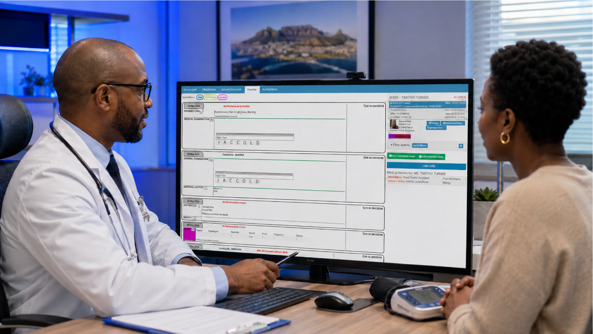 SA – ehr management software Doctor using EHR management software to access integrated patient records during a consultation in a South African medical practice.