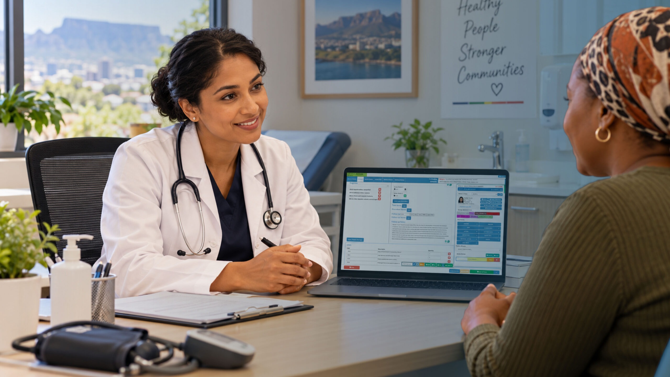 ai-clinical-scribe-goodxpert Doctor speaking with a patient while an AI clinical scribe generates notes in GoodX Software