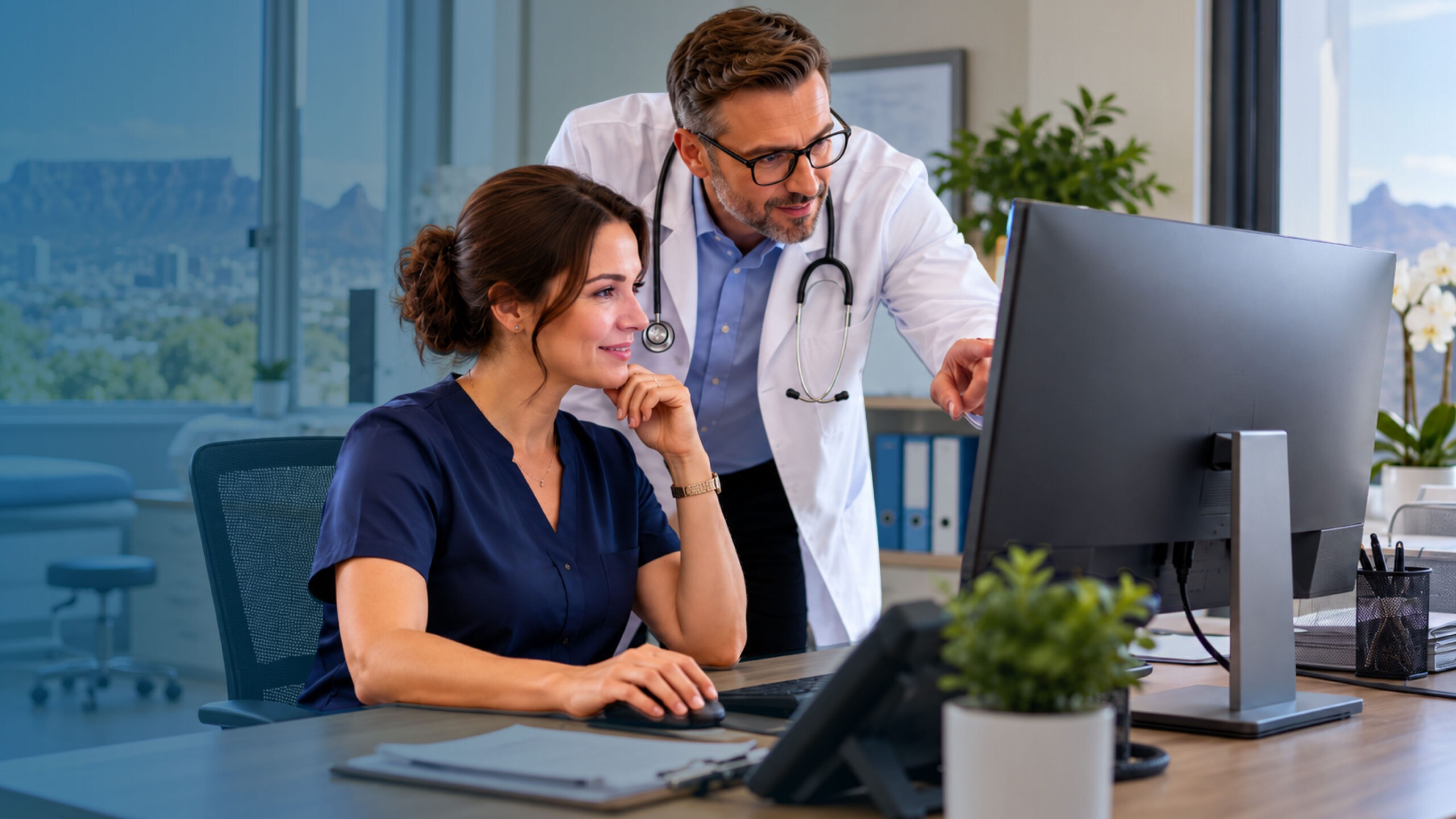 medical-practice-reporting-goodx-report-app Practice administrator and doctor reviewing medical practice reporting in the GoodX Report App
