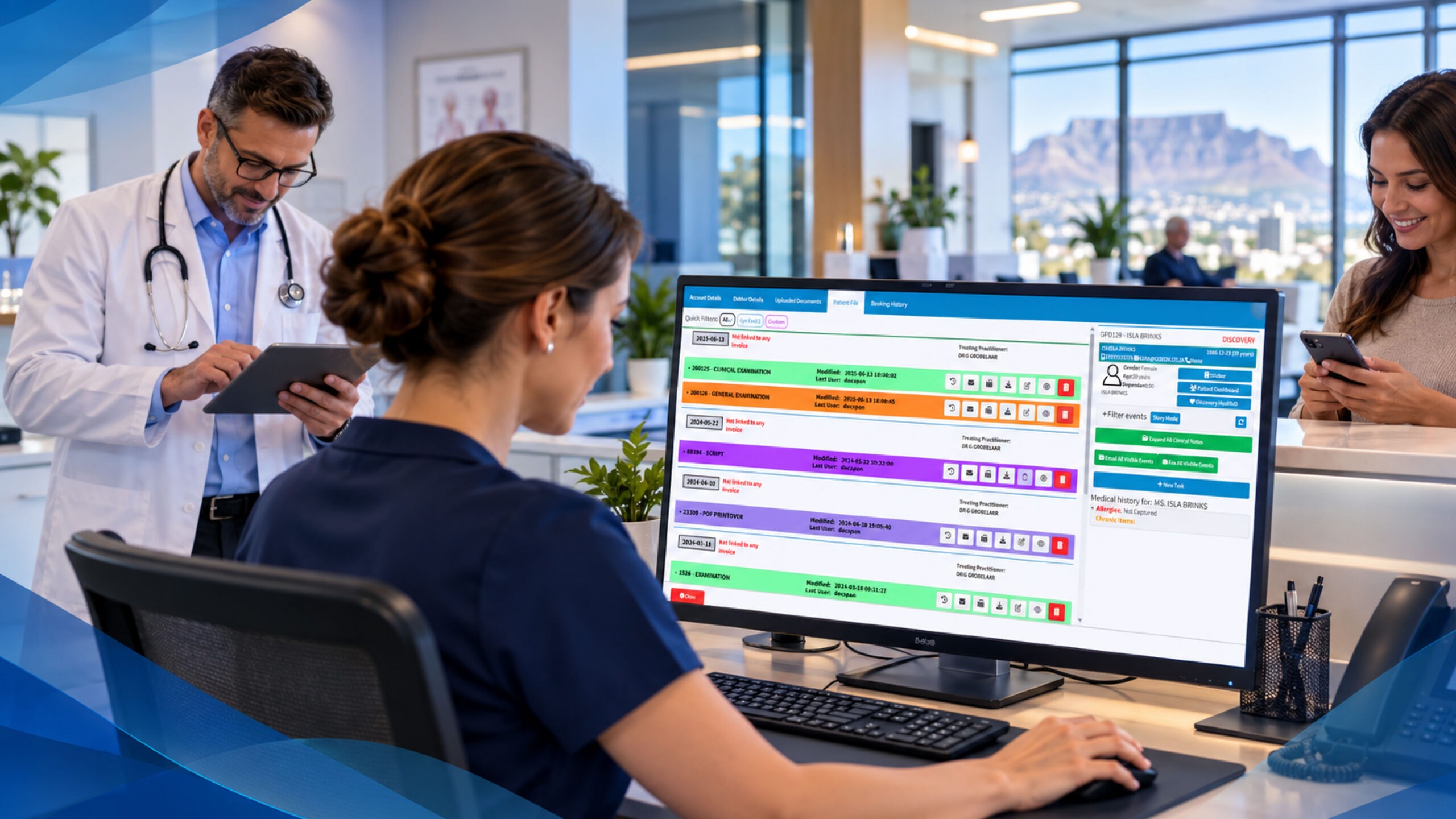 practice-management-software-practice-in-a-box Doctor and receptionist using GoodX practice management software in a paperless practice
